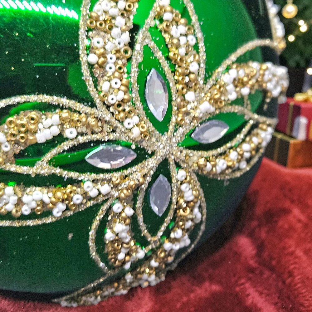 6” Emerald Green Jeweled Christmas Ornament Gold Beaded Luxe Decor